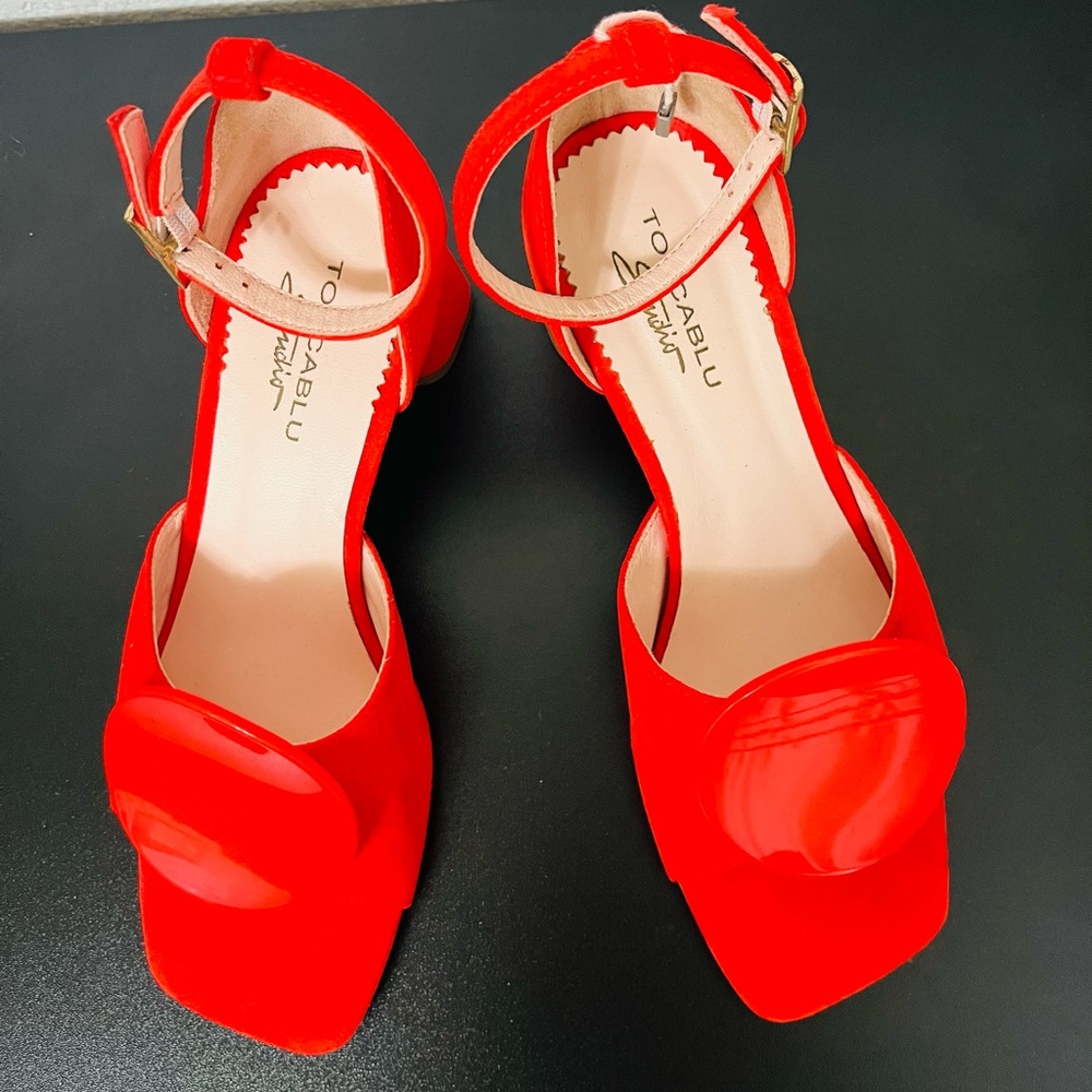 Red Open-Toe Leather Heels.